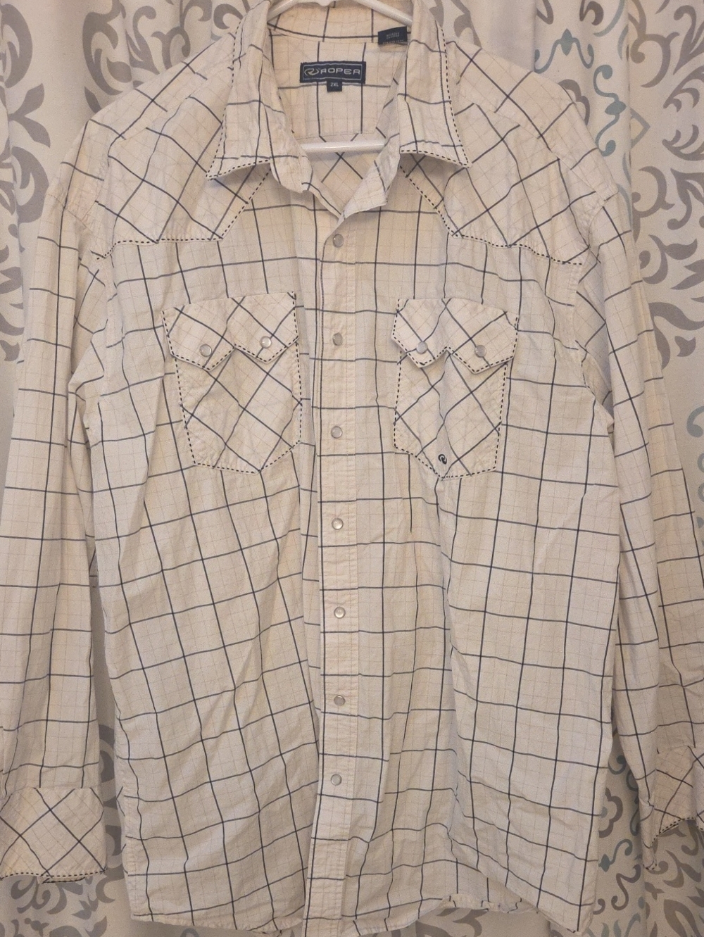 Roper Cream Shirt with Navy Windowpane Plaid